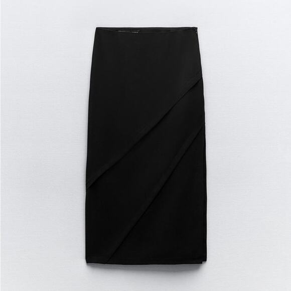 Zara Black DIAGONAL SEAMS CREPE MIDI SKIRT Size Extra Large XL - Picture 5 of 12